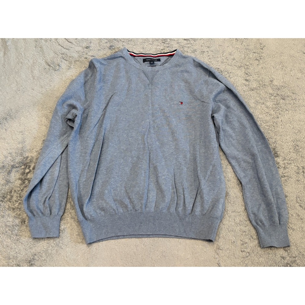 Tommy Hilfiger Sweater Mens Large Blue Solid Crew Neck Premium Cotton Pullover